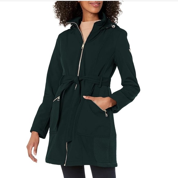 GUESS Black Softshell Zip Up Belted Hooded RainCoat Jacket for Women Size L - Picture 3 of 12